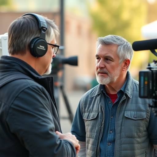 Diretor e ator conversando em set de filmagem